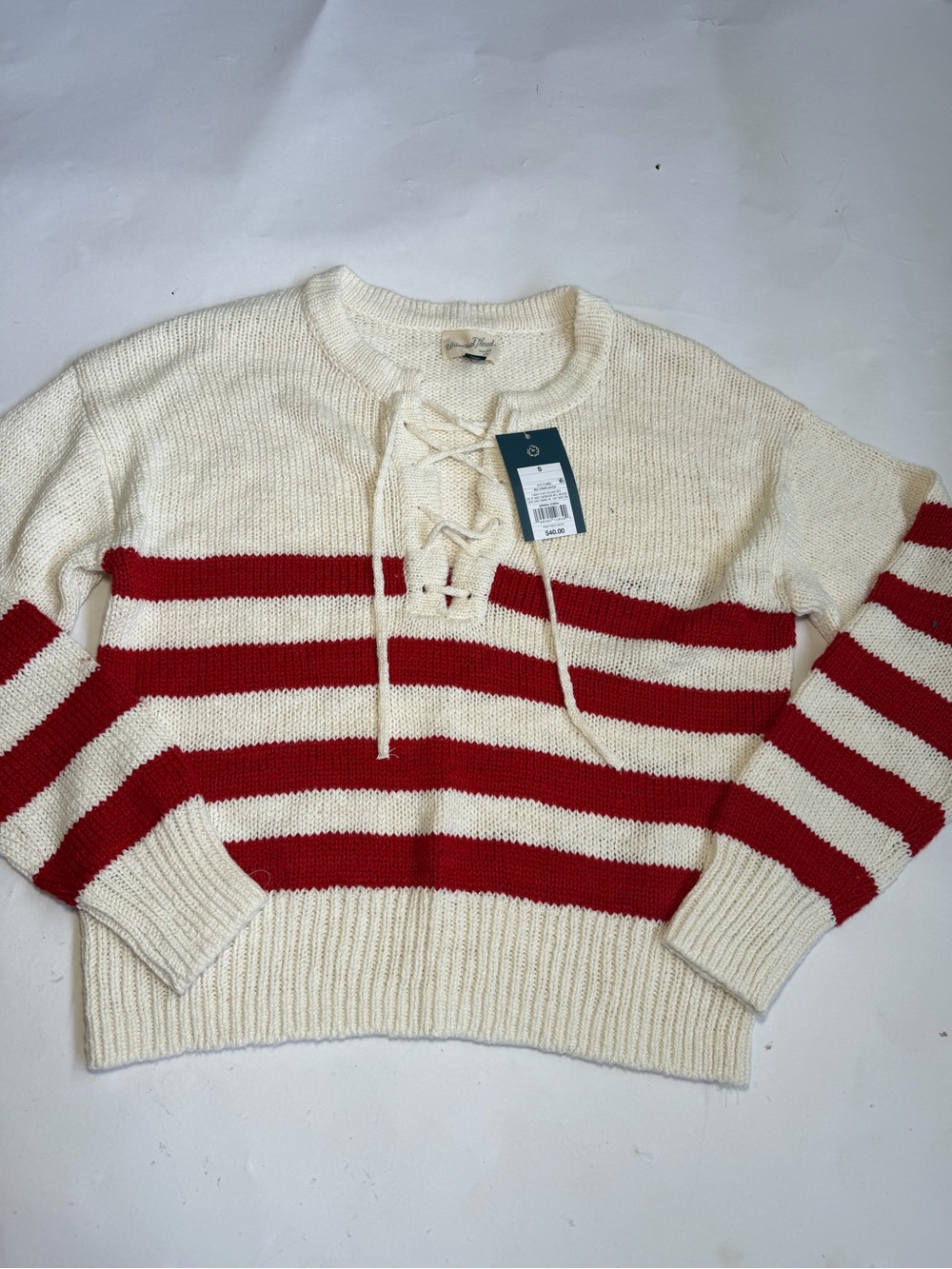Universal Thread Cream and Red Striped Lace-Up V-Neck Sweater